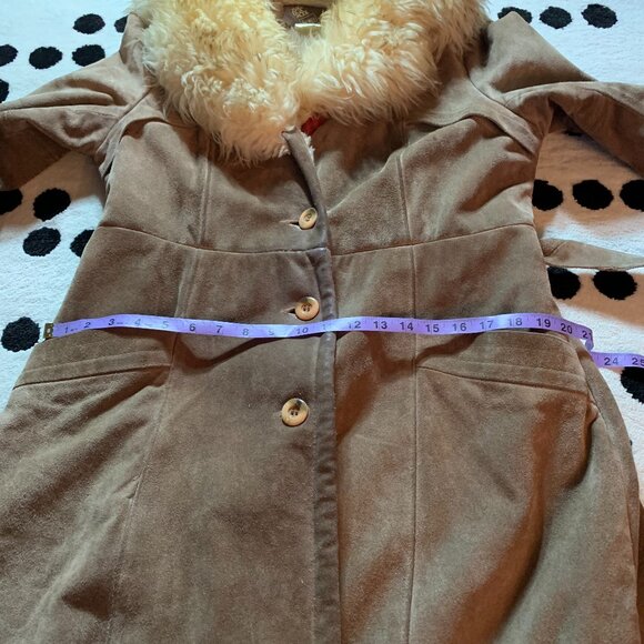 Vintage 70s Sears Suede Penny Lane Coat Faux Fur Collar Lined Belted Overcoat - Picture 13 of 16